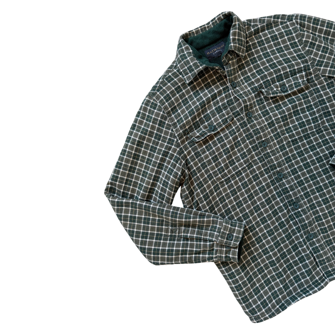 Men's Hathaway Casual Green Plaid Fleece Lined Flannel Shirt | Small
