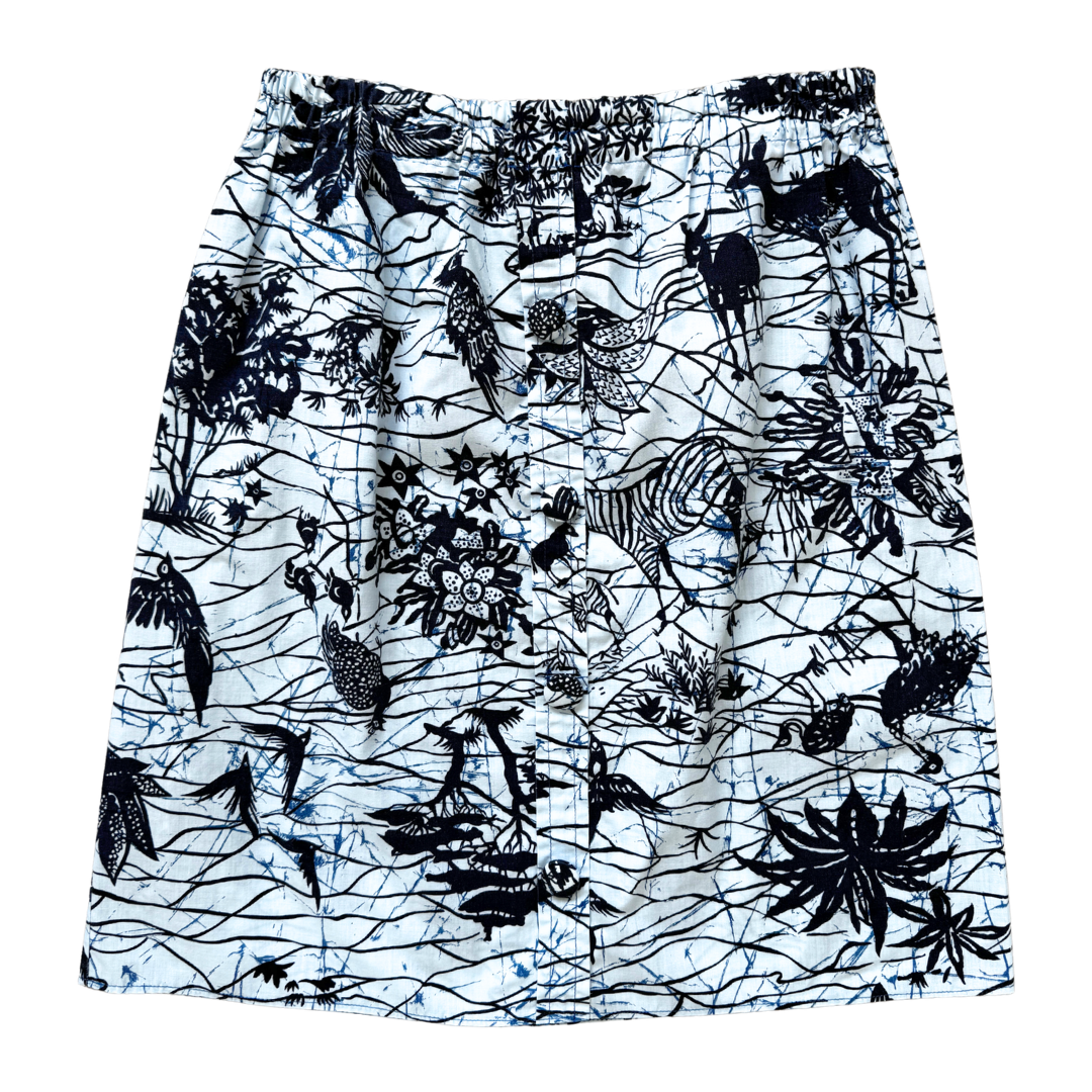 Vintage 80s Navy and Light Blue Safari Print Button Front Midi Skirt | Small