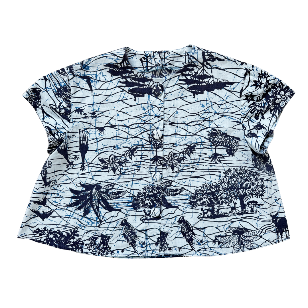Vintage 80s Navy and Light Blue Safari Print Blouse | Small