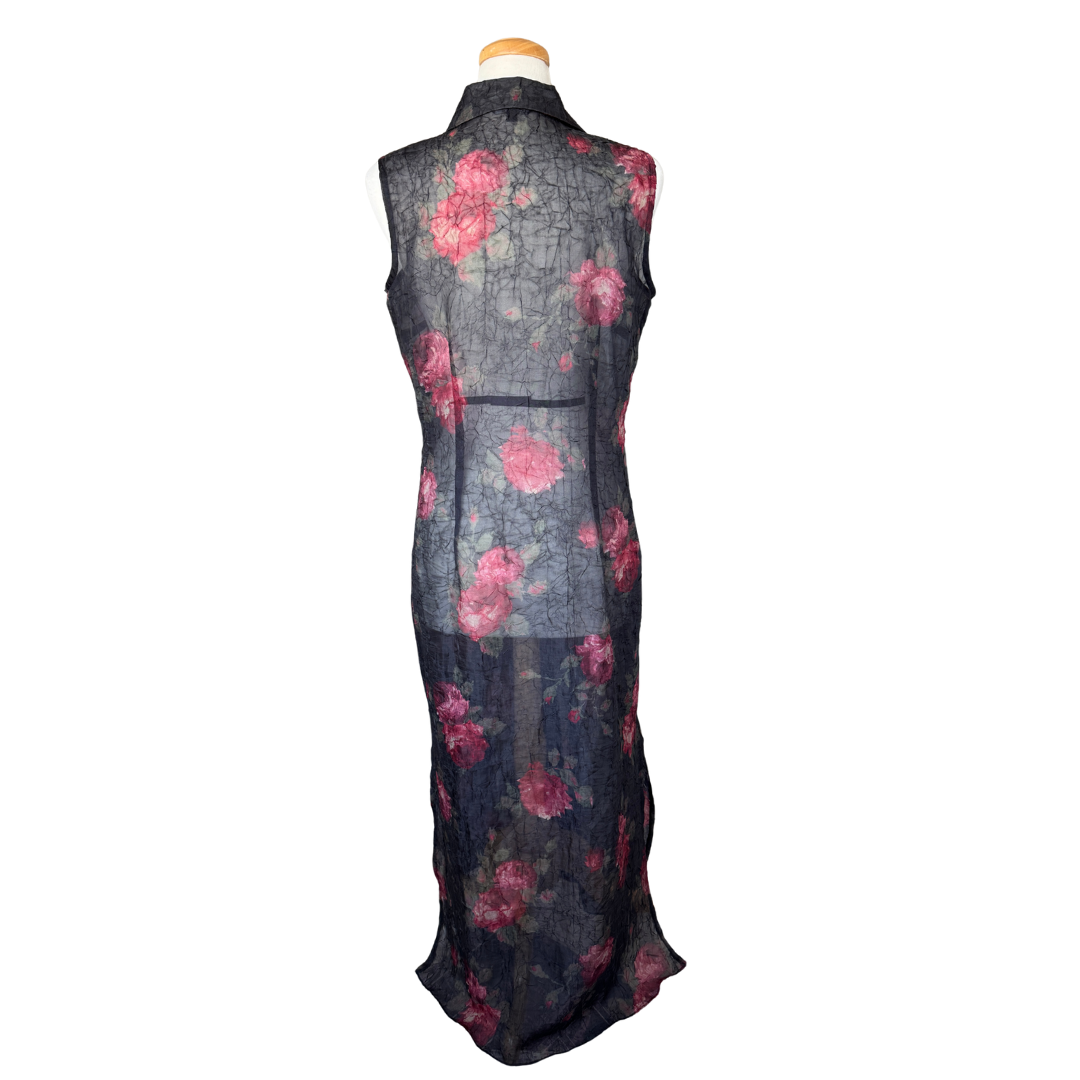 Sheer Black Rose Printed Collared Dress Overshirt | Large
