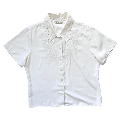 Vintage 1980s Classique Collections White Embroidered Blouse | Extra-Large