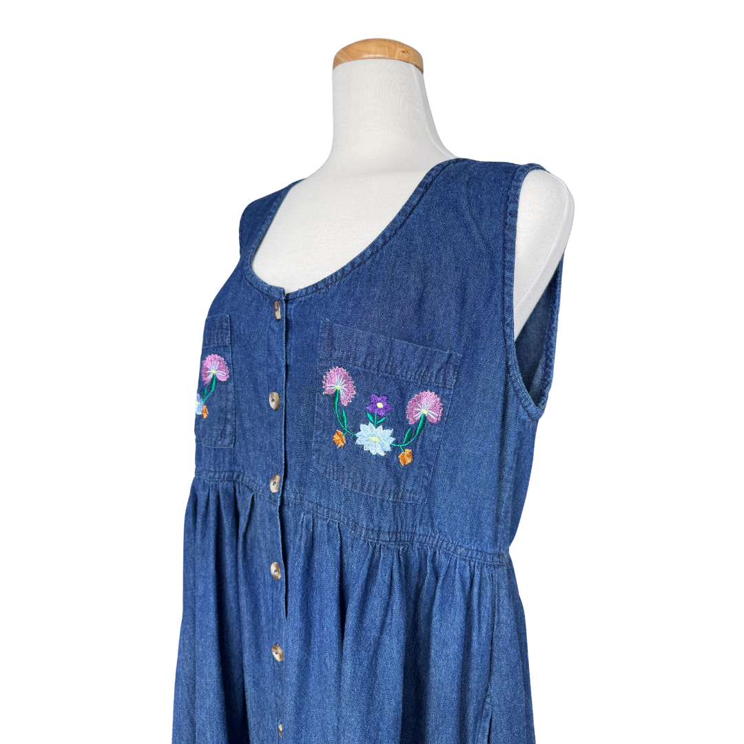 Tradition Denim Maxi Dress with Floral Embroidered Pockets | Large / Extra-Large