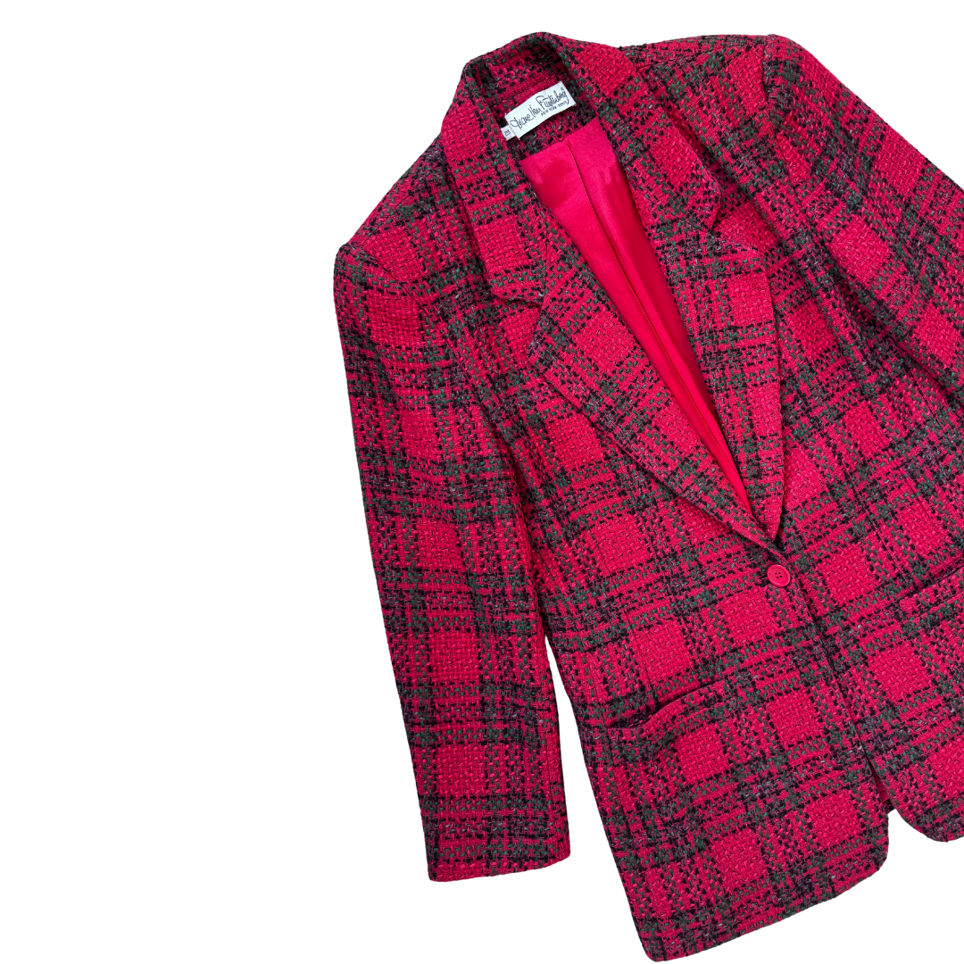 Diane Von Furstenberg Red Plaid Tweed Wool Blazer | Medium