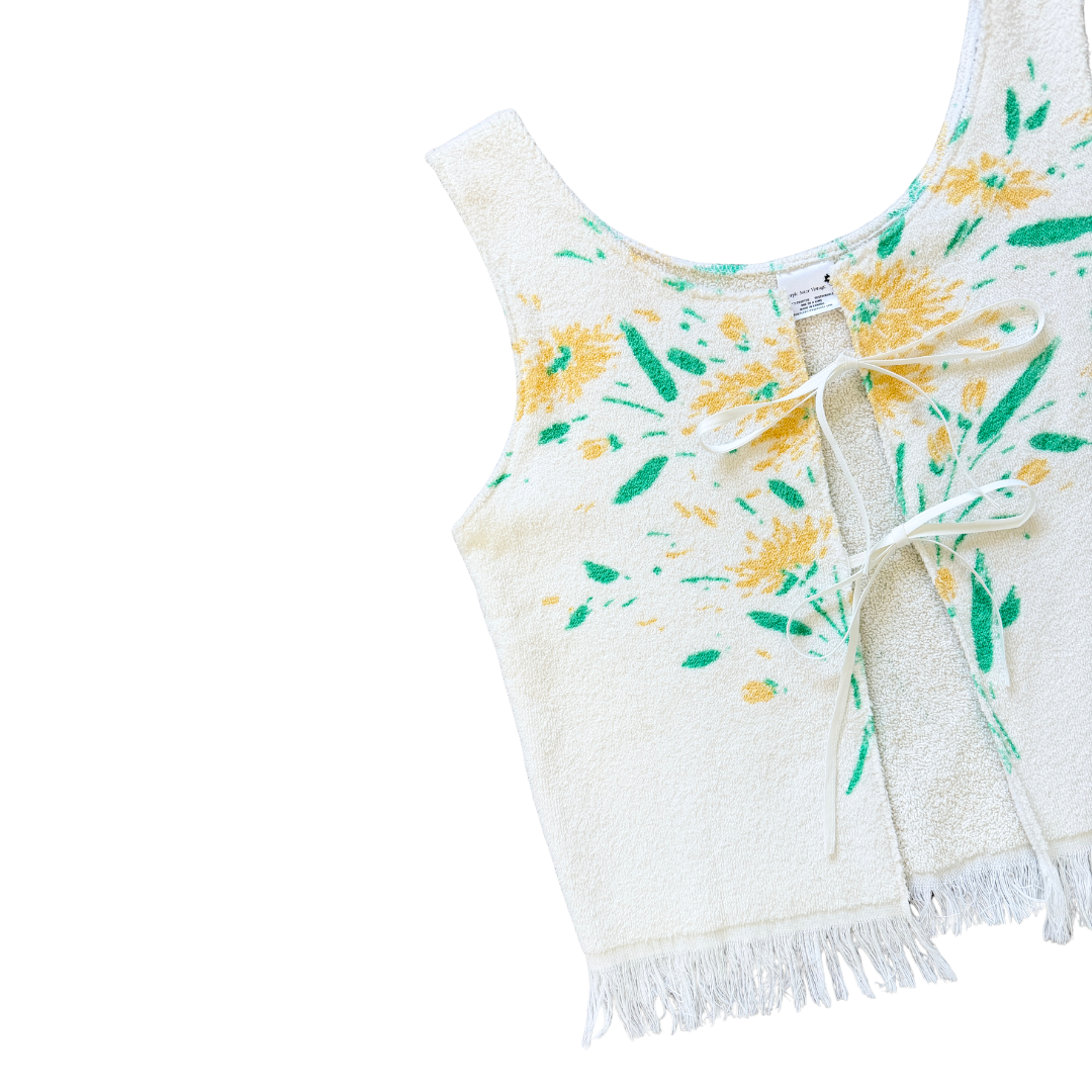 Recycled Vintage White Towel Vest with Yellow Floral Print | Medium