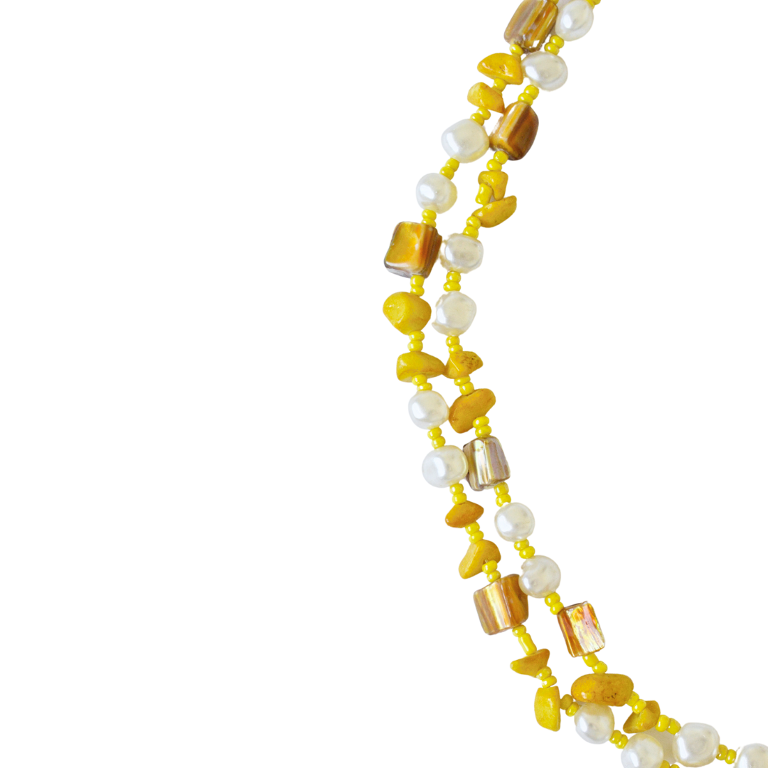 Upcycled Yellow and Pearl Mixed Beaded Necklace