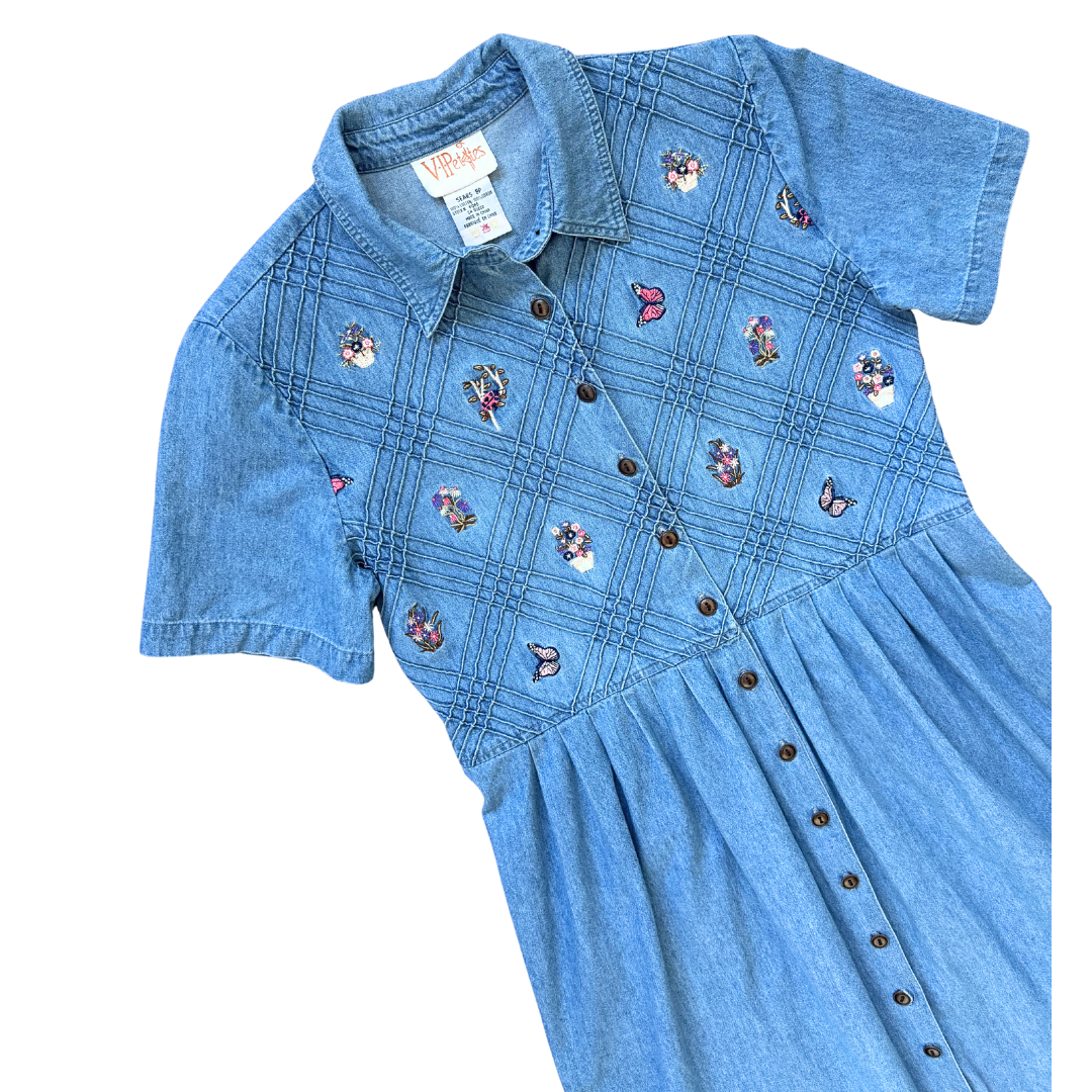 V.I.Petites Denim Maxi Dress with Flowers and Butterflies | Medium