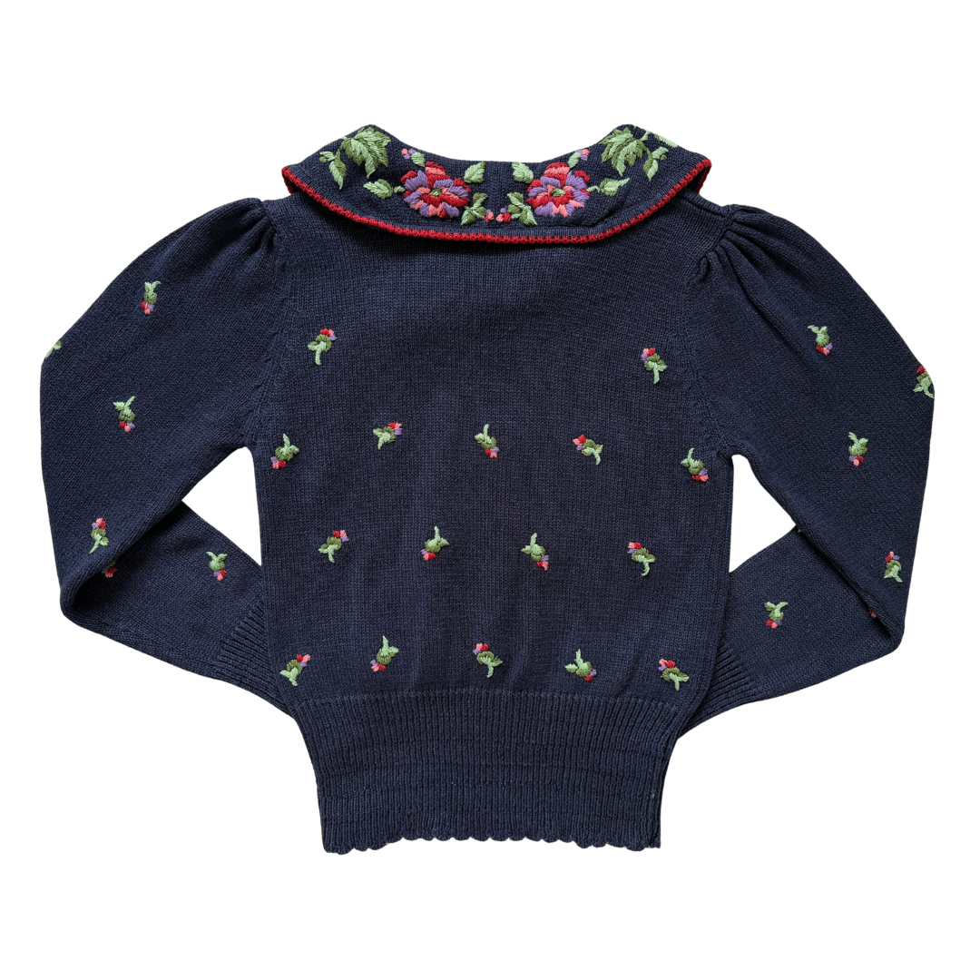 Herman Geist Navy Floral Embroidered Collared Sweater | Small
