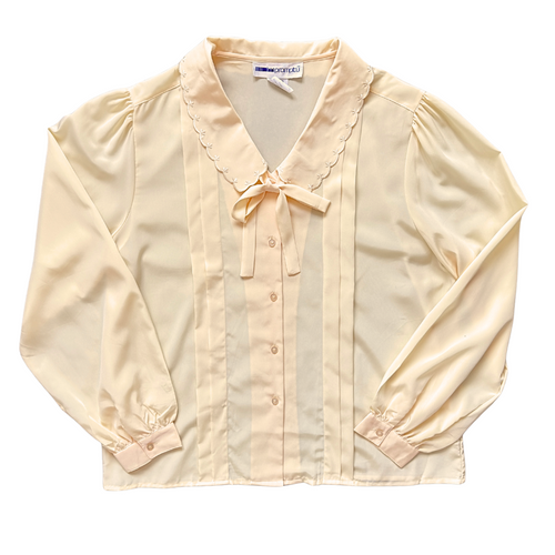 Vintage 1970s Impromptu Butter Yellow Embroidered Collar Blouse with Bow | Large / Extra-Large