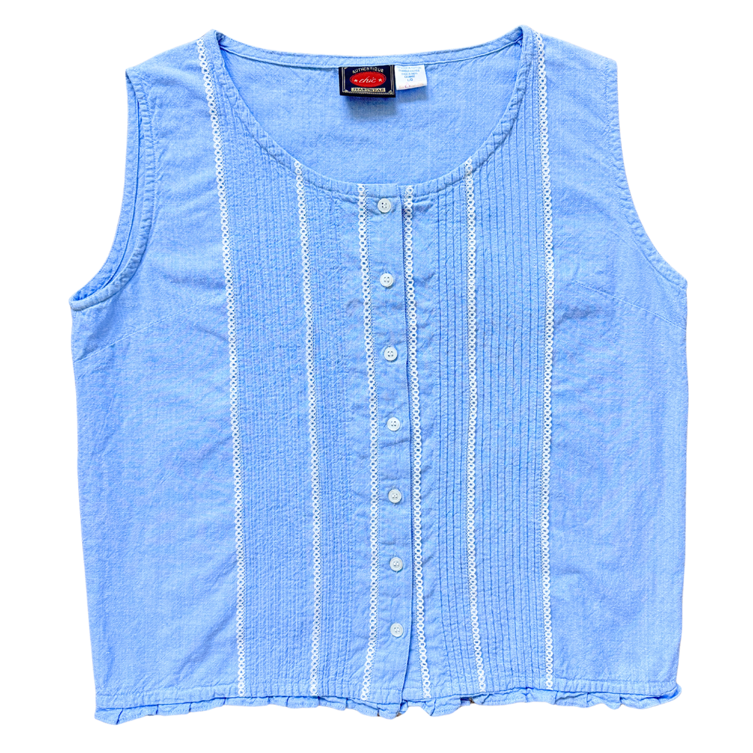 Vintage Authentic Chic Baby Blue Pleated Cotton Blouse with Lace Trim | Medium-Large