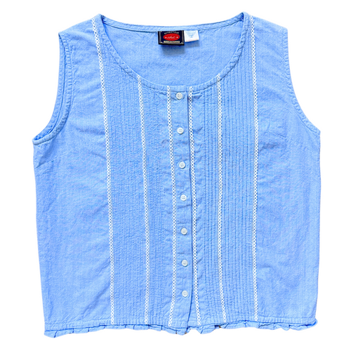 Vintage Authentic Chic Baby Blue Pleated Cotton Blouse with Lace Trim | Medium-Large
