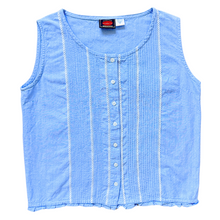 Load image into Gallery viewer, Vintage Authentic Chic Baby Blue Pleated Cotton Blouse with Lace Trim | Medium-Large
