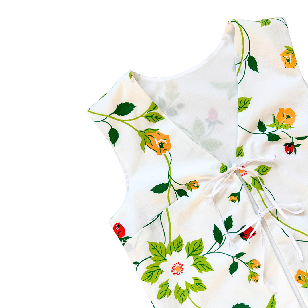 Recyled Vintage White Vest with Big Blooms | Large