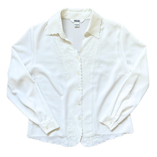 Vintage 1980s Alia White Scalloped Edge Blouse with Floral Embroidery | Large