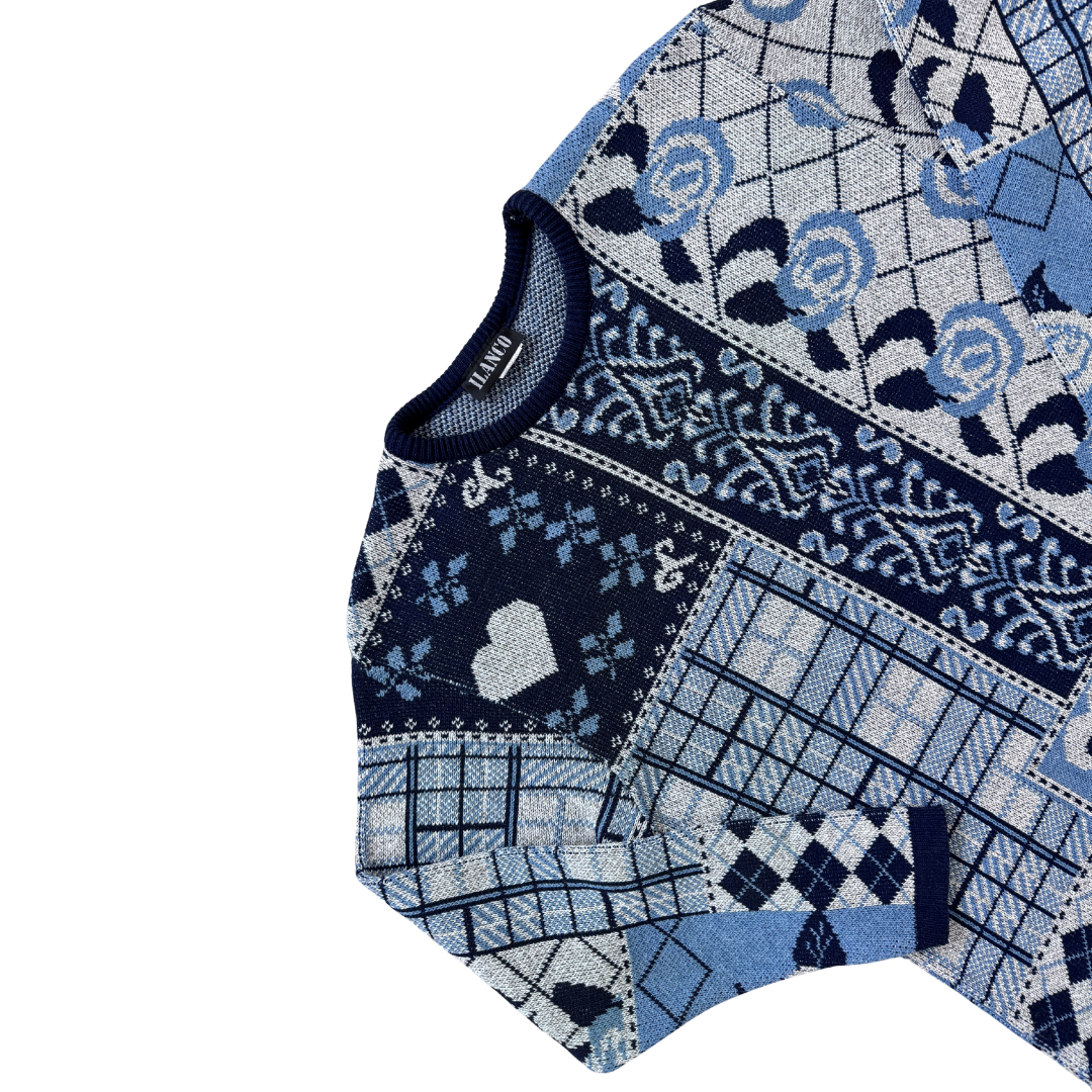 Ilanco Blue and Grey Argyle and Floral Sweater | Medium