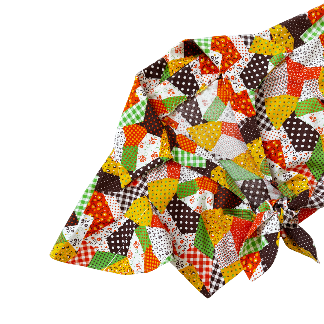 70s Patchwork Print Tie-Front Cropped Blouse | Extra-Small