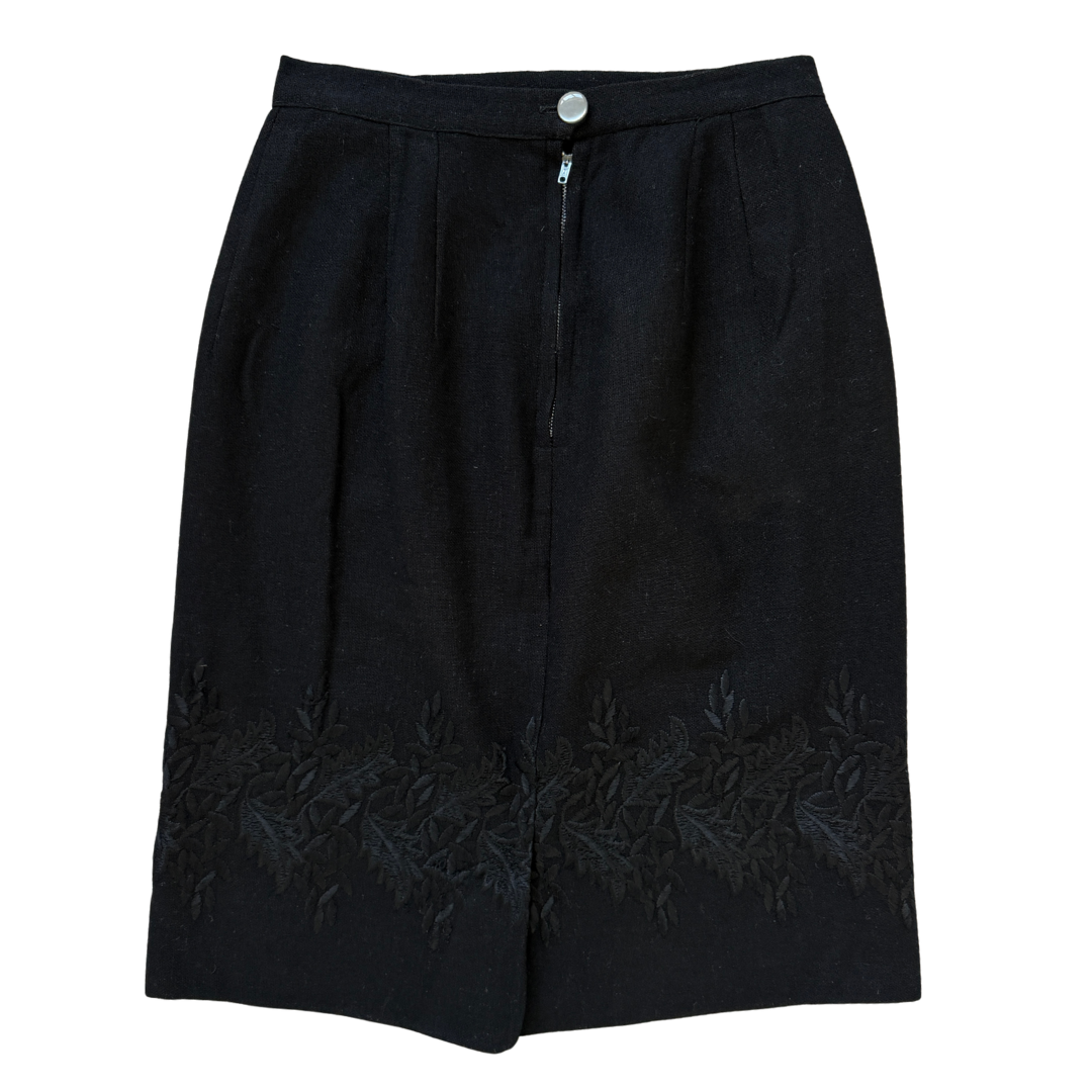 Black Wool Floral Embroidered Midi Skirt | Small-Medium