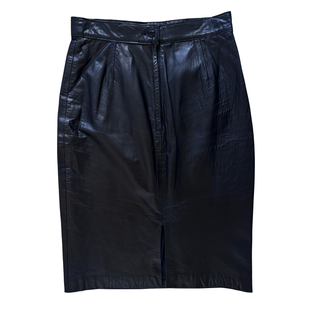 Vintage 1980s Boutique of Leathers Black Leather Midi Skirt | Medium