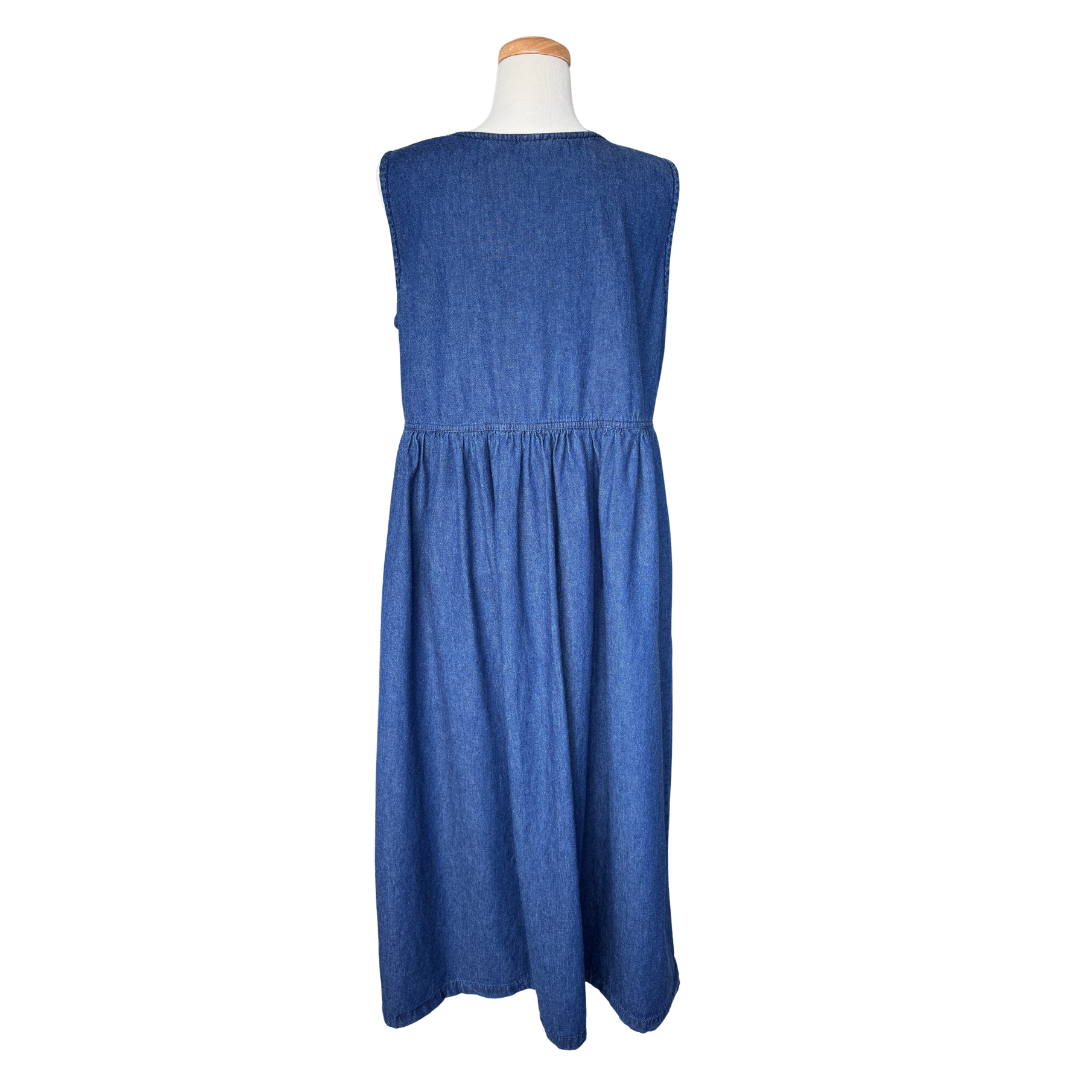 Tradition Denim Maxi Dress with Floral Embroidered Pockets | Large / Extra-Large