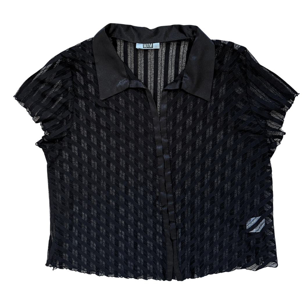 Vintage 1990s MXM Sheer Black Striped Collared Blouse | Extra-Large