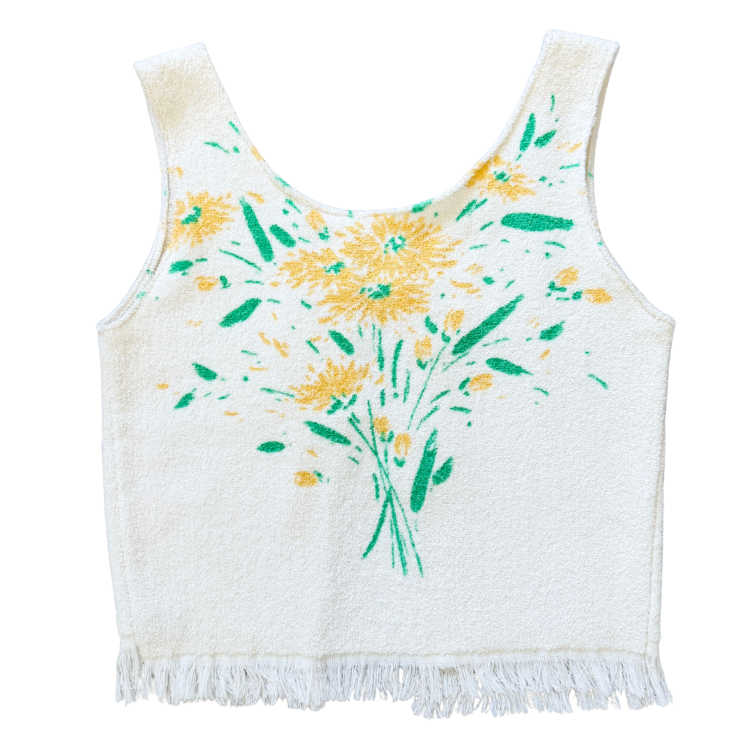 Recycled Vintage White Towel Vest with Yellow Floral Print | Medium