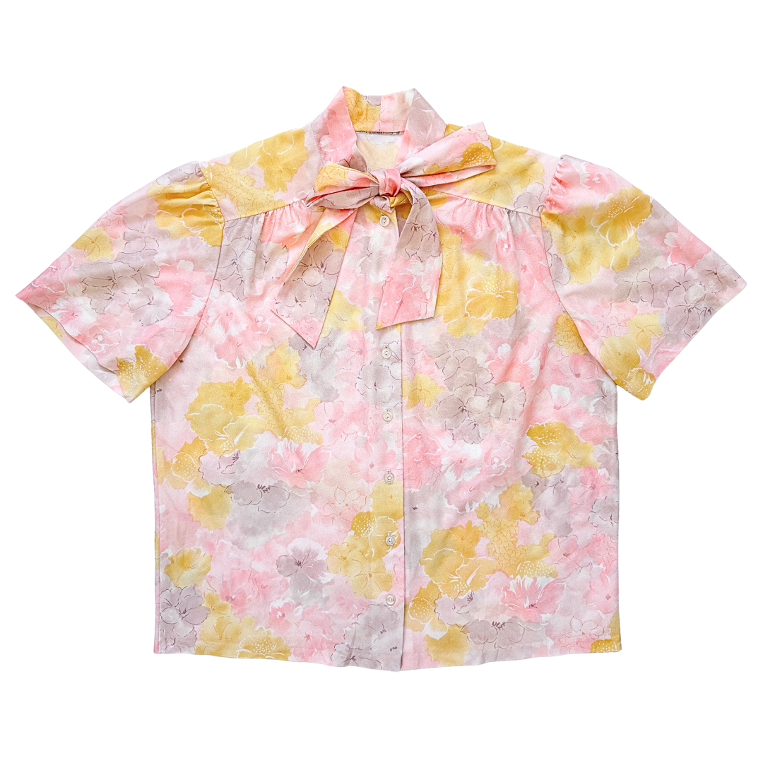 Vintage 1970s Pink and Yellow Pastel Floral Bow Collar Blouse | Large