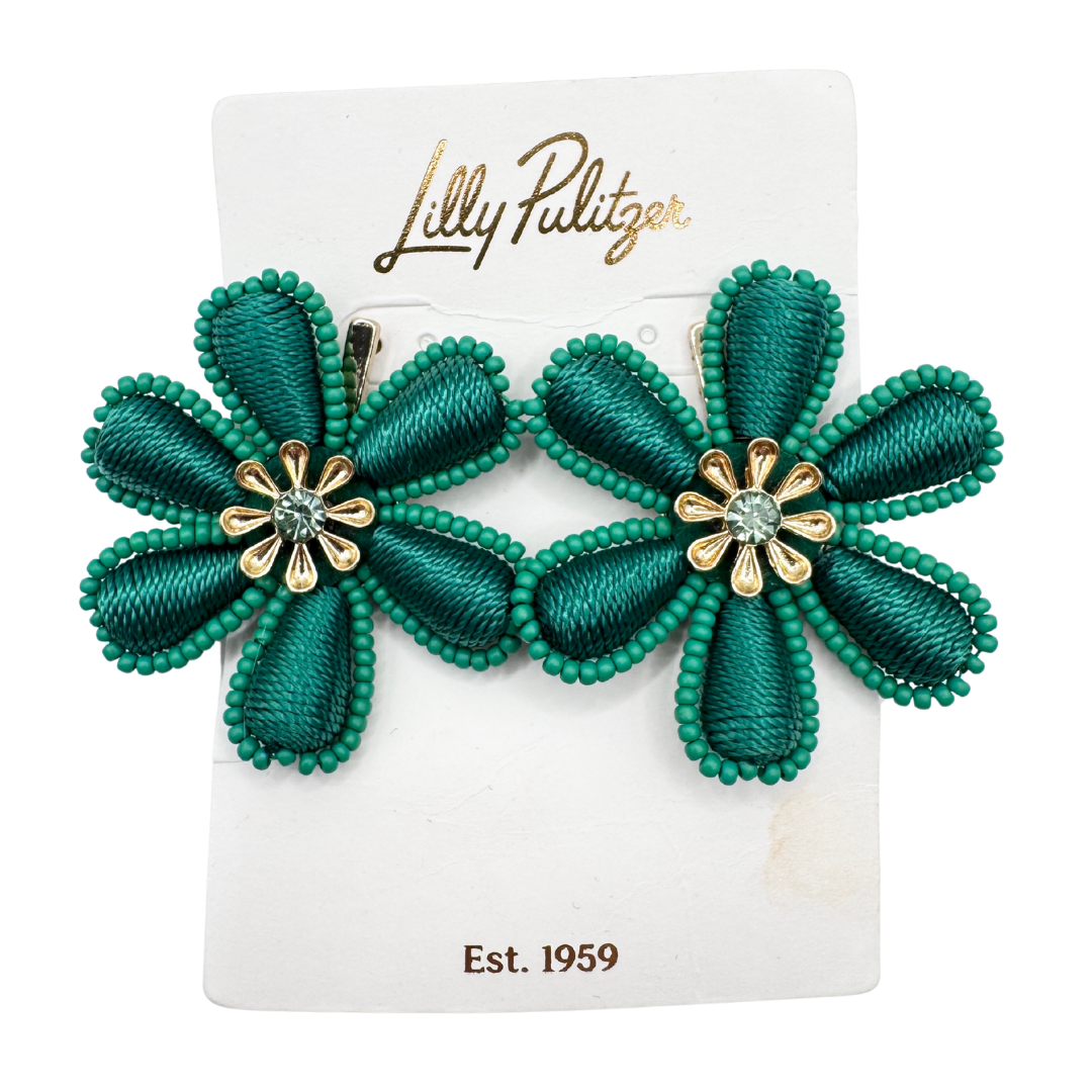 Lilly Pulitzer Bright Green Fabric Beaded Statement Earrings