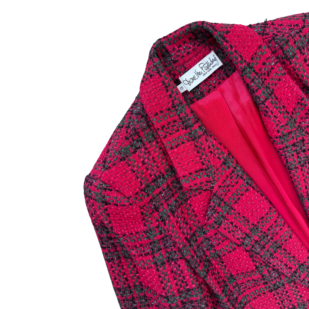 Diane Von Furstenberg Red Plaid Tweed Wool Blazer | Medium