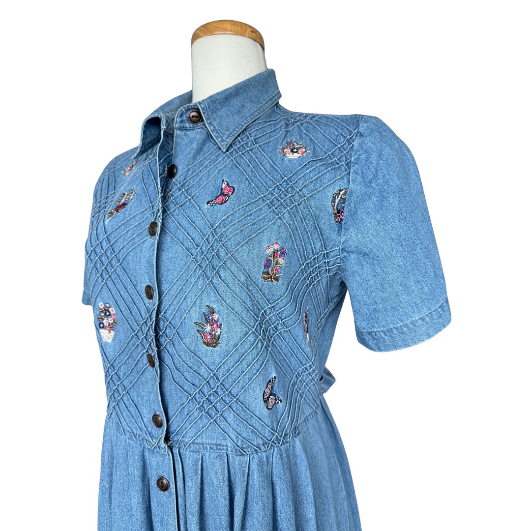 V.I.Petites Denim Maxi Dress with Flowers and Butterflies | Medium
