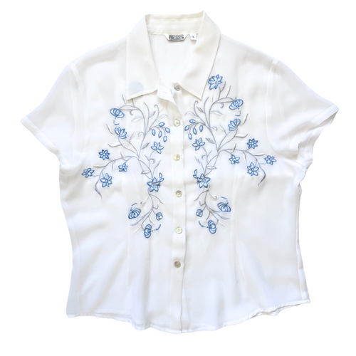 Vintage 1990s-2000s Ricki's Sheer White Blouse w/ Blue Floral Embroidery | Medium-Large