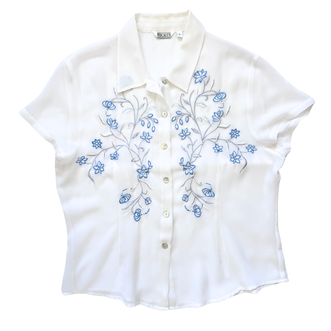 Vintage 1990s-2000s Ricki's Sheer White Blouse w/ Blue Floral Embroidery | Medium-Large