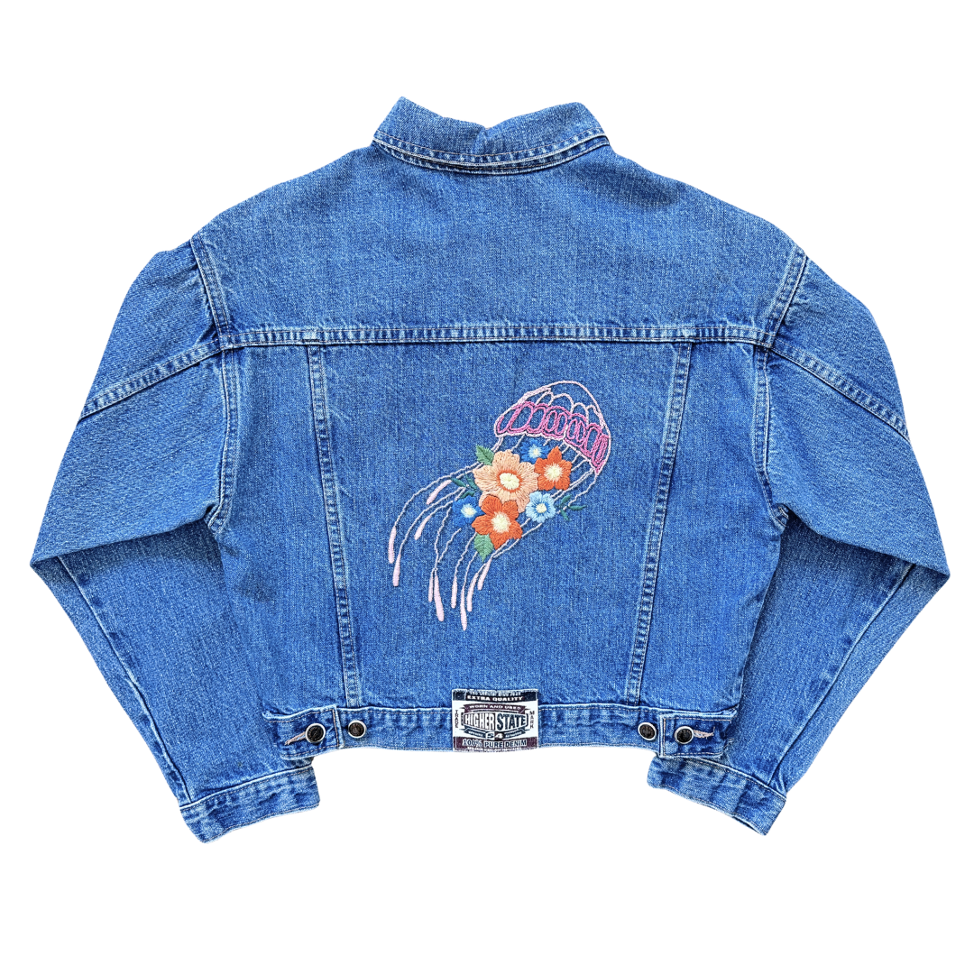 Up-cycled Hand Embroidered Jellyfish Denim Jacket | Medium