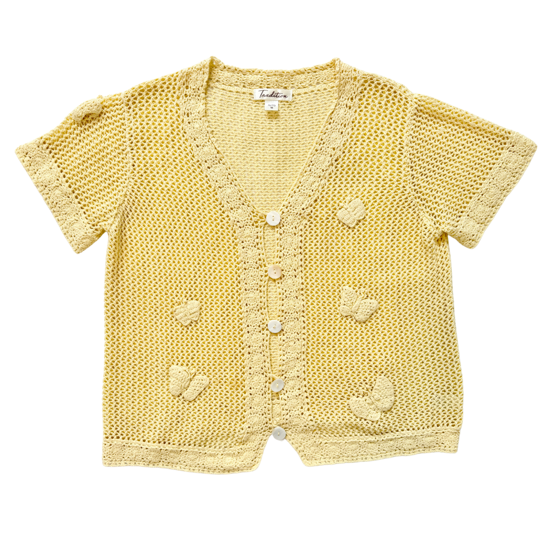 Vintage 90s Tradition Yellow Crocheted Short Sleeve Butterfly Cardigan | Extra-Large
