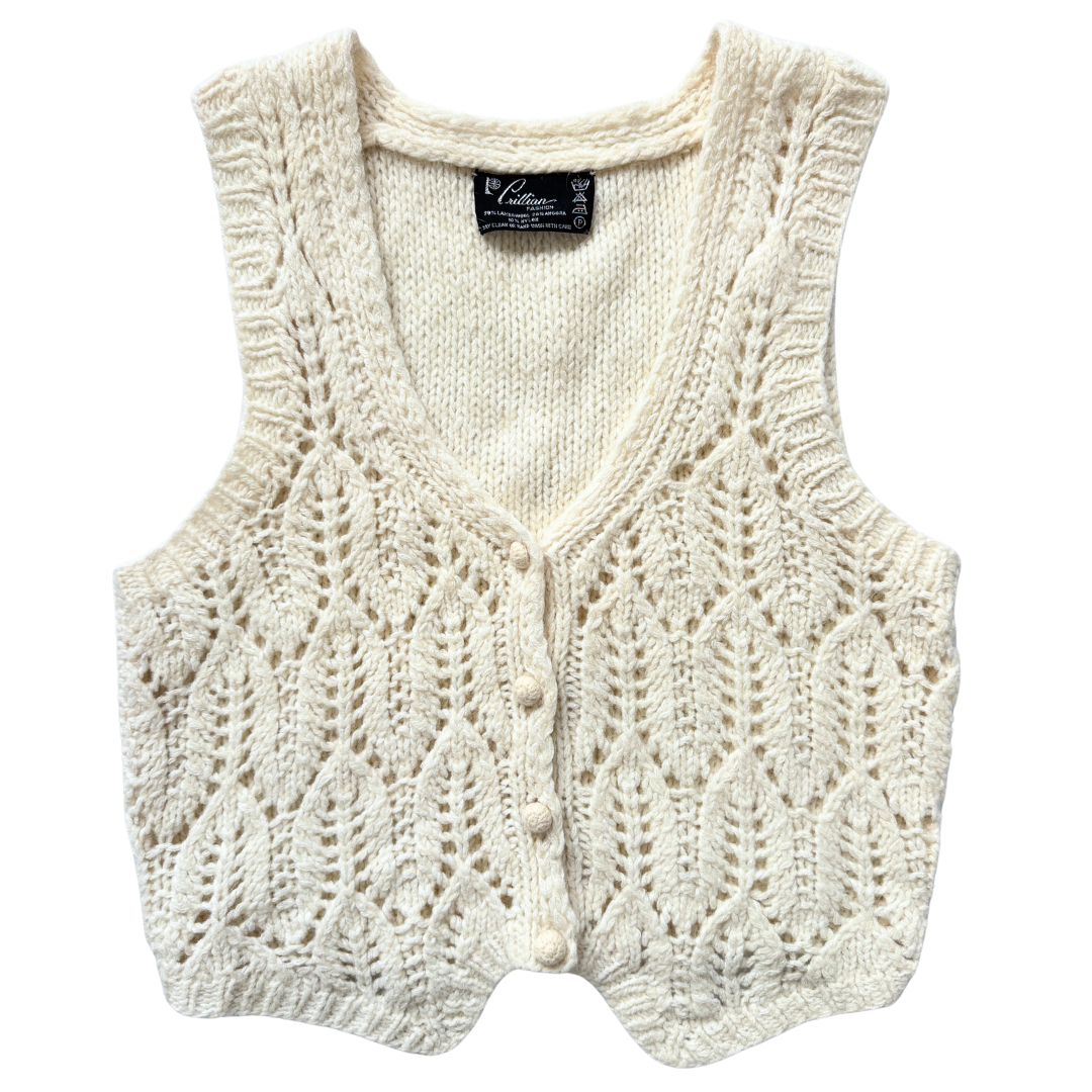 Vintage 1980s-1990s Crillian Cream Knit Lambswool and Angora Vest - Extra-Small / Small