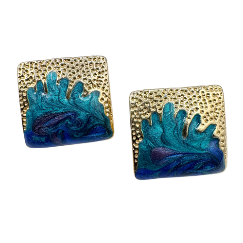 Vintage 1980s Gold and Blue Ombre Enamel Square Stud Earrings
