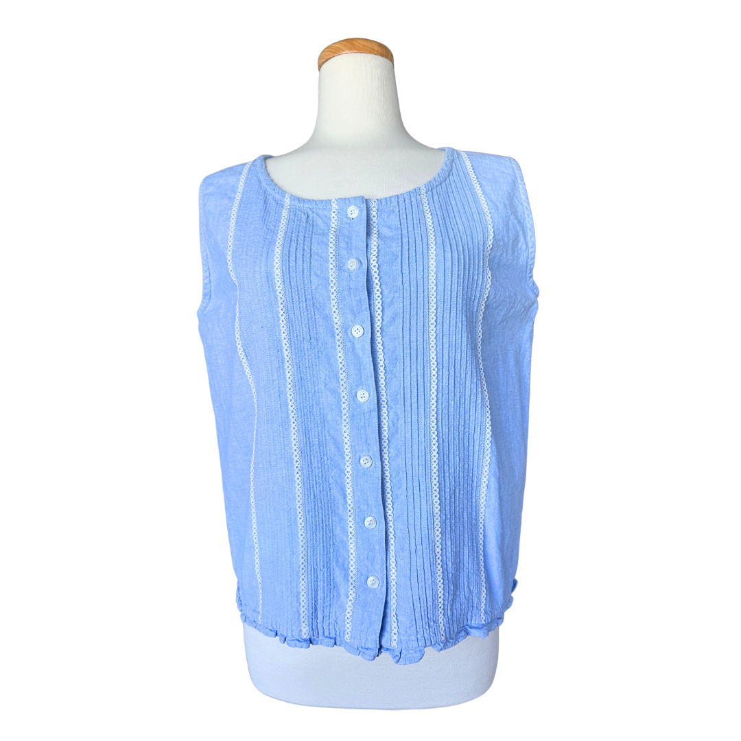 Authentic Chic Baby Blue Pleated Cotton Blouse with Lace Trim | Medium-Large