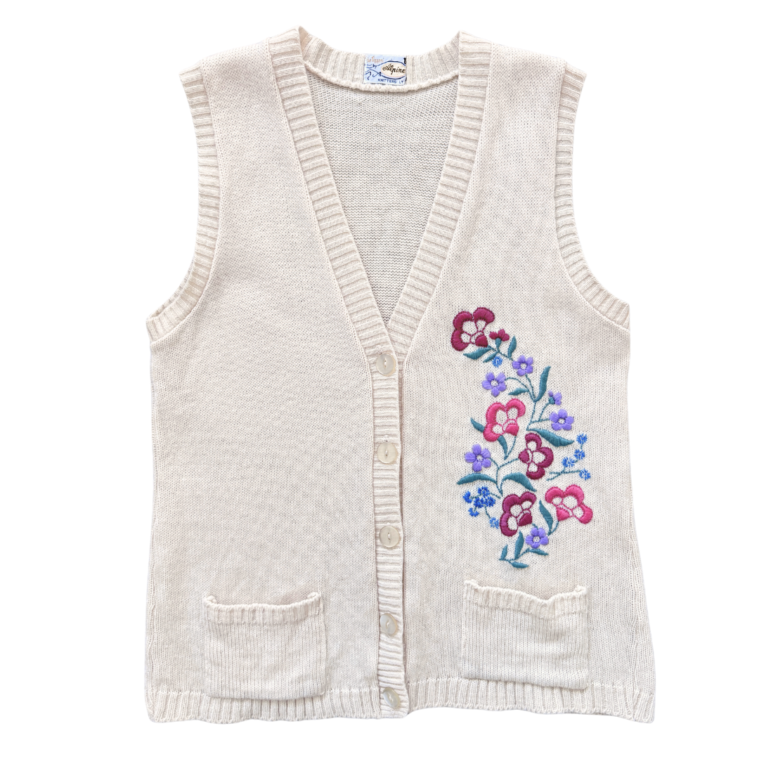 Up-cycled Hand Embroidered Vintage Wool Vest with Pastel Floral Embroidery | Small