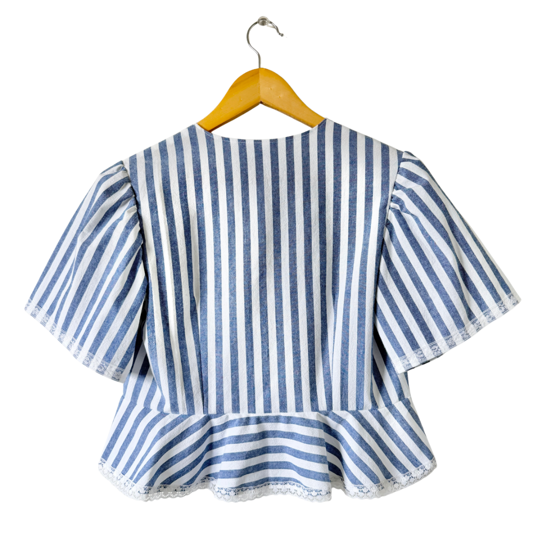 Recycled Blue and White Striped Lace Trim Peplum Blouse | Medium