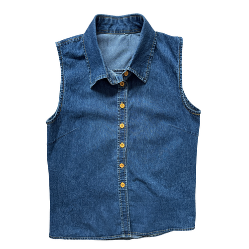 Vintage 1990s Sleeveless Collared Dark Denim Shirt | Small