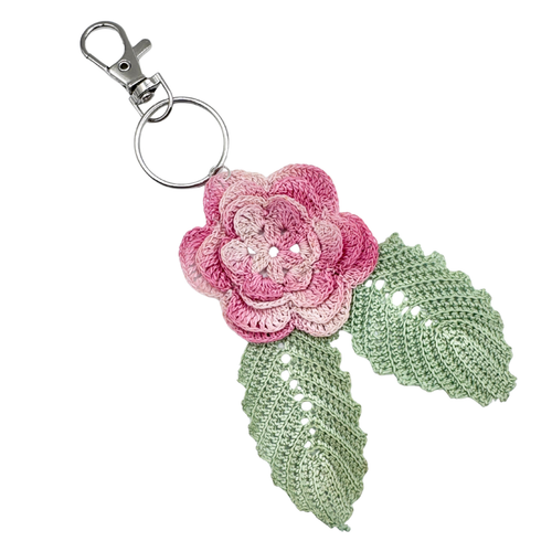 Recycled Pink Rose and Leaves Crocheted Doilie Keychain/Purse Charm