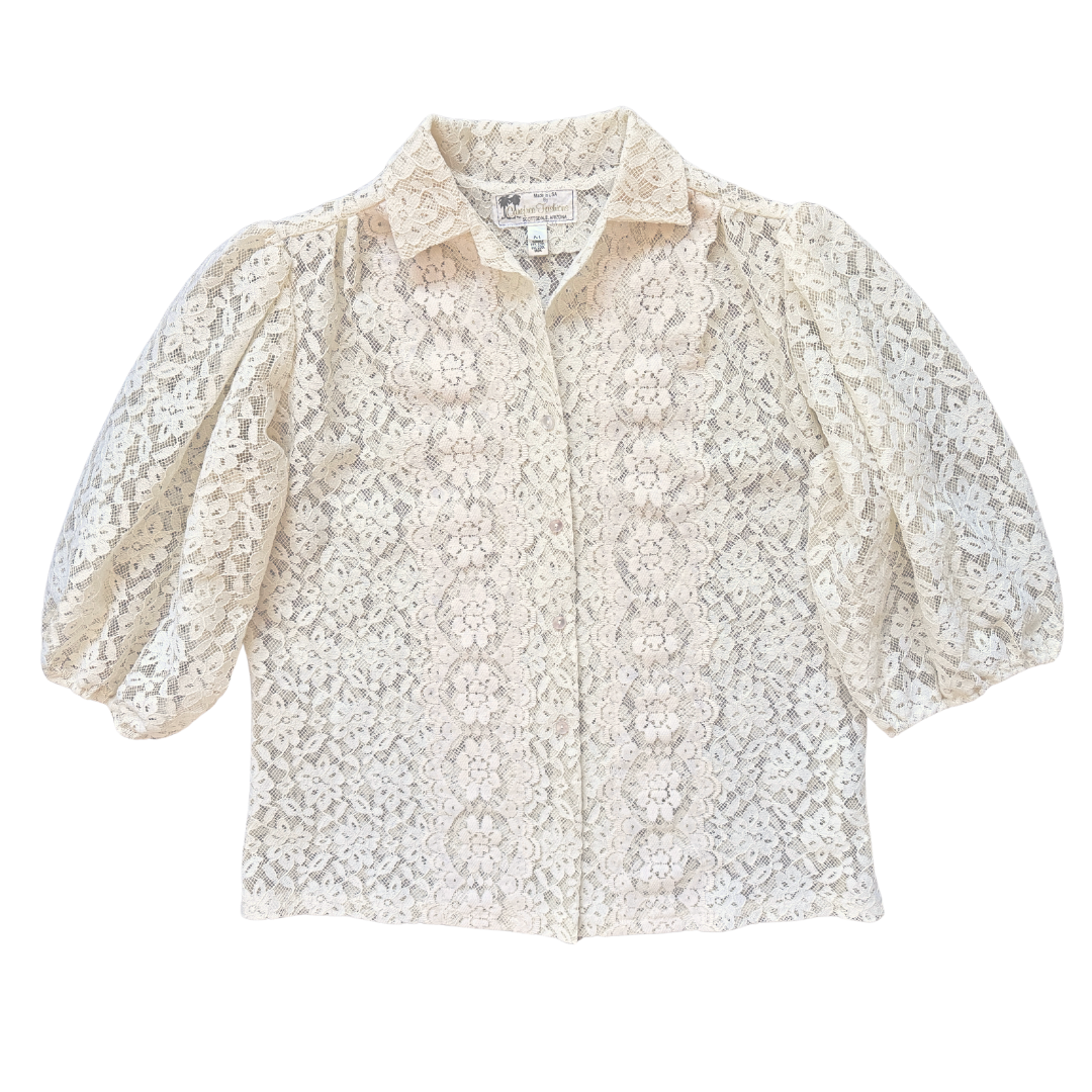 Vintage 1980s-1990s Carefree Fashions Lace Button Down Blouse | Medium-Large