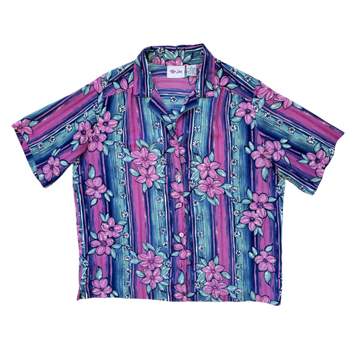 Vintage 1990s TanJay Pink and Blue Floral Striped Shirt | Large / Extra-Large