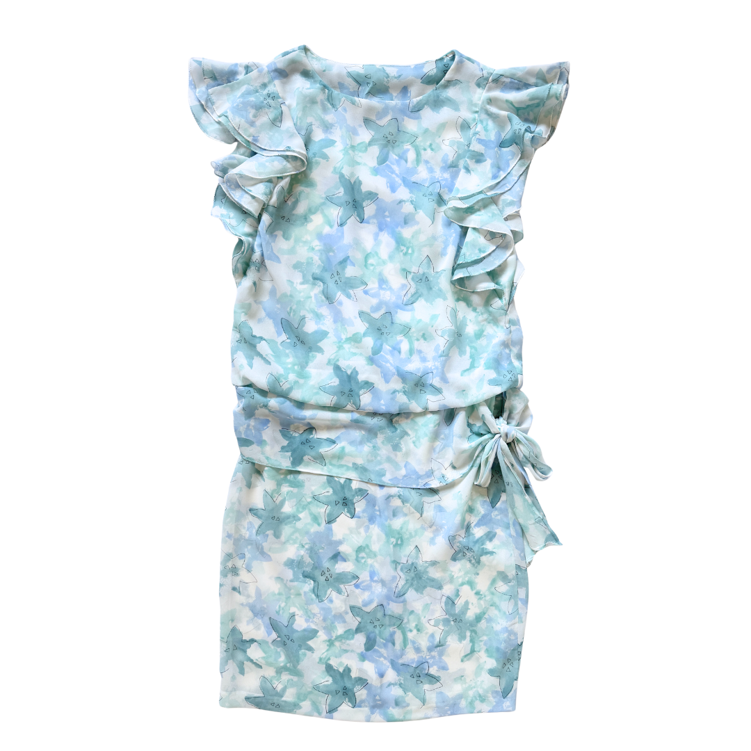 Vintage 1980s The House of Nu Mode Blue Floral Ruffle Dress | Medium