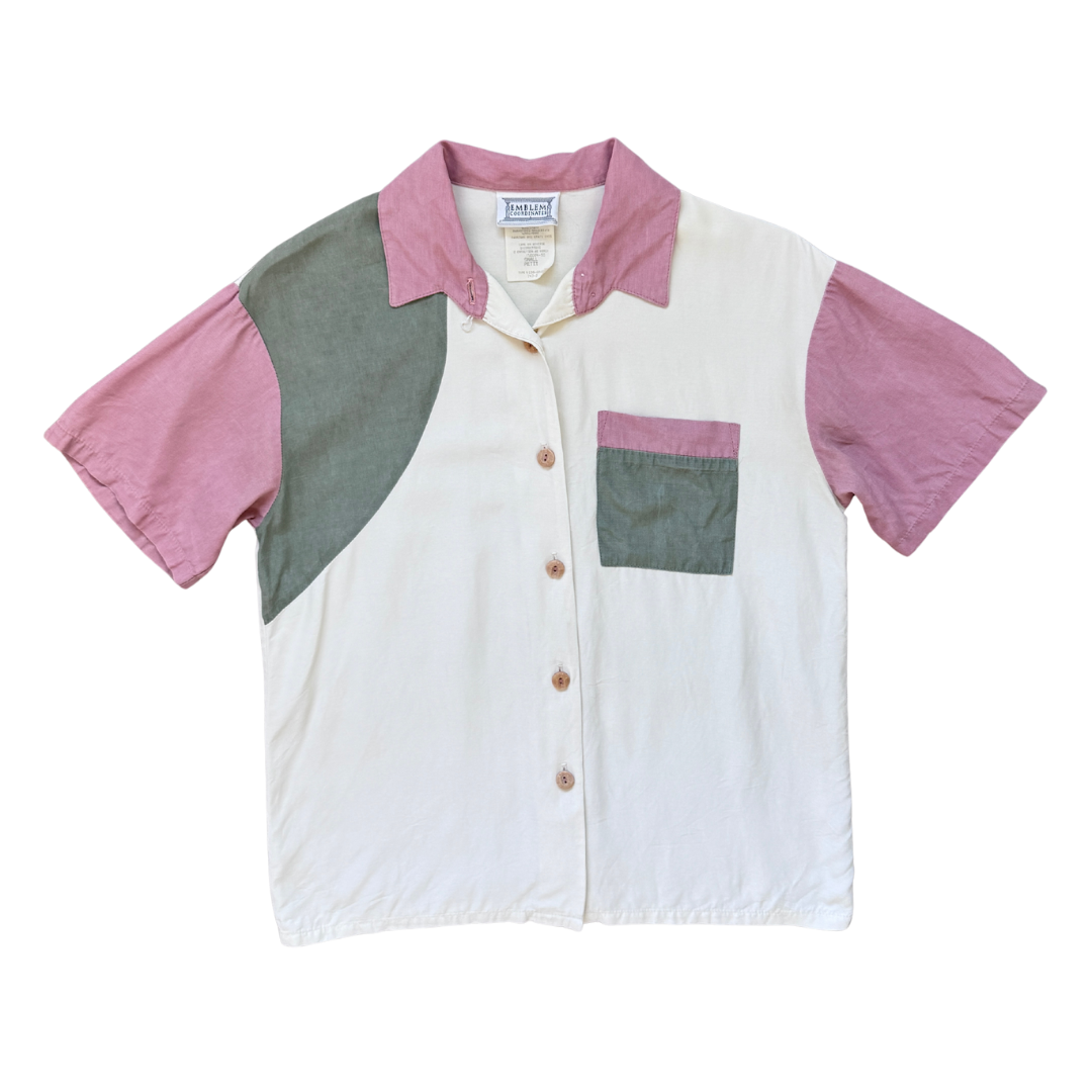 Vintage 1980s Emblem Pastel Pink and Green Colour Block Buttoned Shirt / Blouse | 1980s | Small-Medium