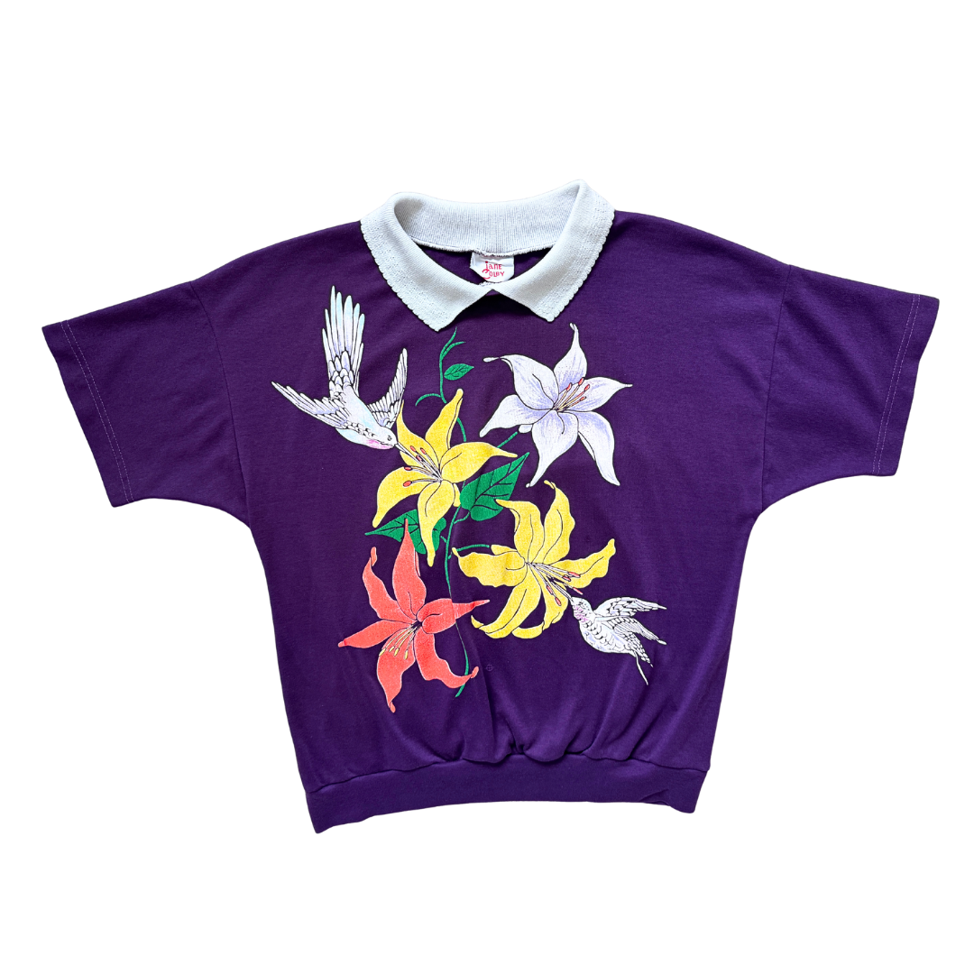 Vintage 1980s Jane Colby Purple Ruffle Collared Sweatshirt with Floral Graphic | Large