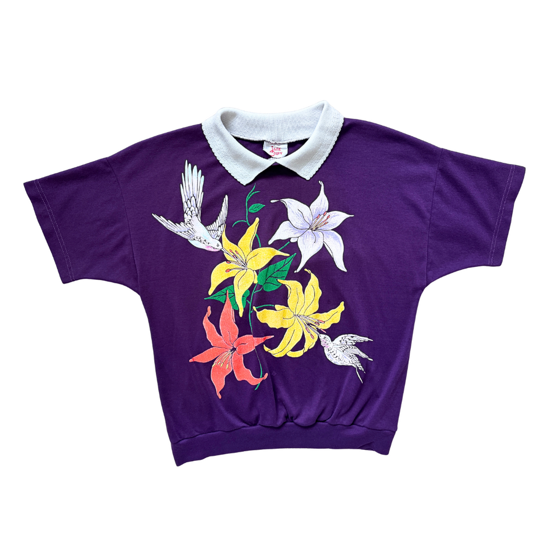 Vintage 1980s Jane Colby Purple Ruffle Collared Sweatshirt with Floral Graphic | Large