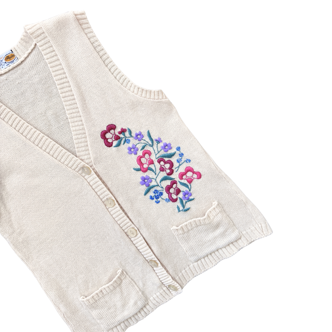 Up-cycled Hand Embroidered Vintage Wool Vest with Pastel Floral Embroidery | Small