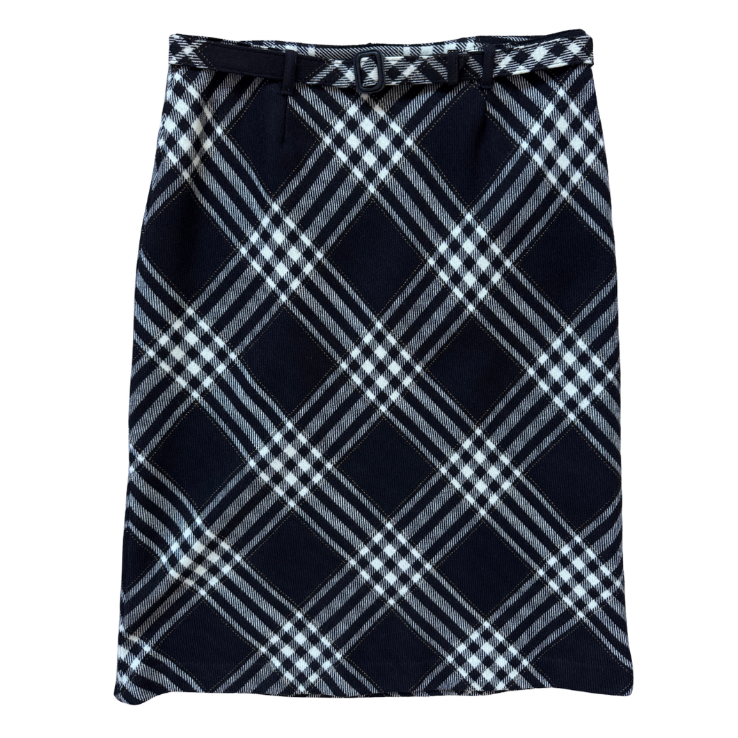 Vintage 1990s Jones New York Black and White Plaid Wool Midi Skirt - Medium