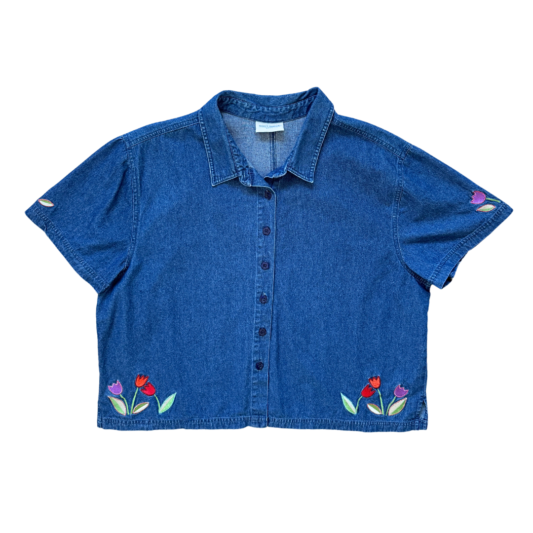 Vintage 1990s EastWest Denim Blouse with Tulip Applique | 2X