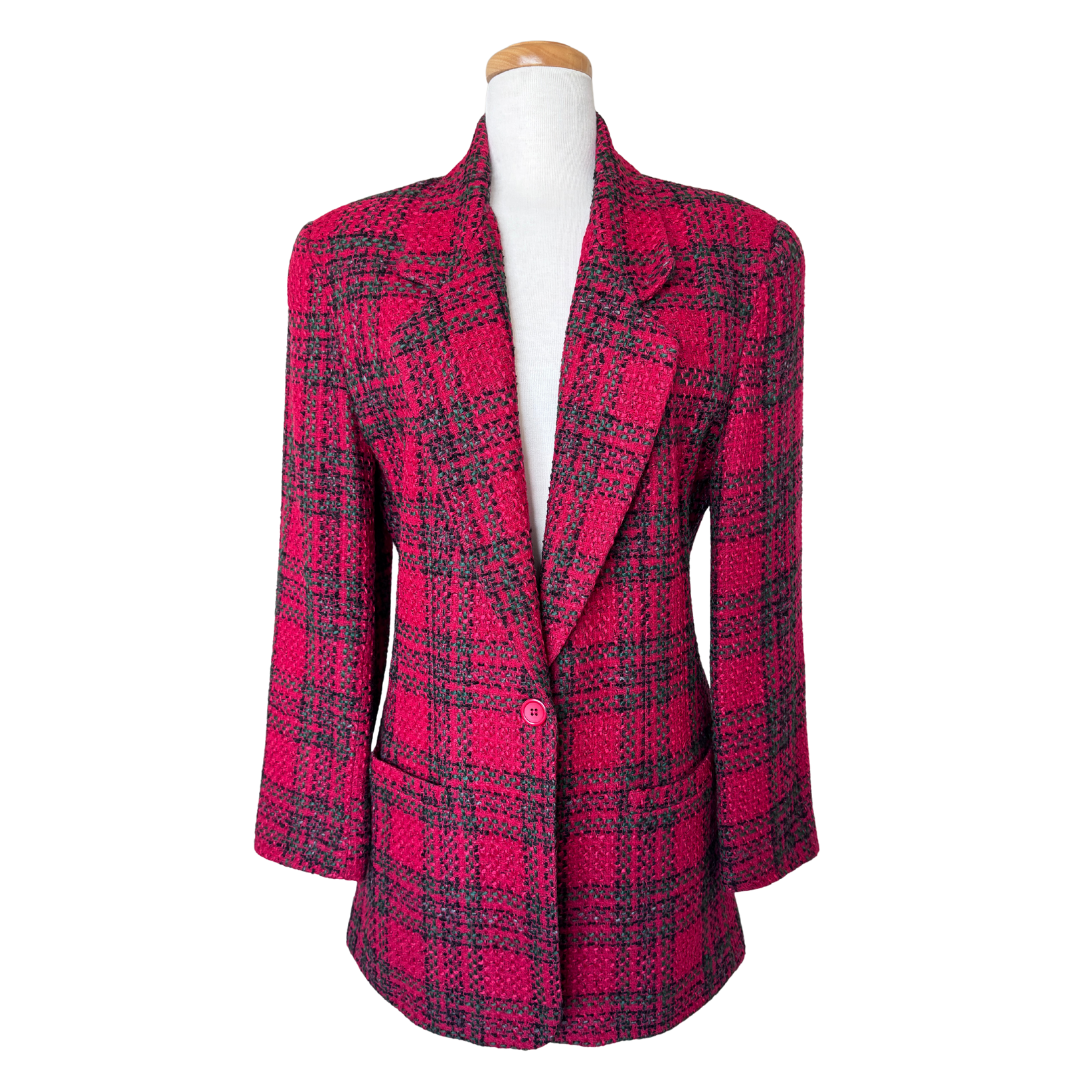 Diane Von Furstenberg Red Plaid Tweed Wool Blazer | Medium