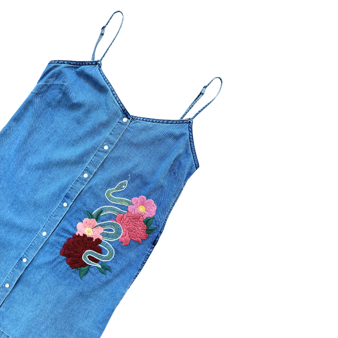 Up-cycled Snake and Flowers Denim Dress | Medium